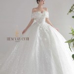 TVC607 Đầm Cưới Cô Dâu, Váy Cưới Đi Tiệc, Đính Hoa, Bệt Vai Ngang