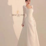TVC720 Váy Cưới Đi Bàn, Đầm Cưới Dáng Xuông, Cổ Vuông, Tay Dài