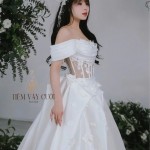 TVC724 Váy Cưới Đi Bàn, Đầm Cưới Dáng Xuông, Bệt Vai Ngang, Phi