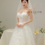 TVC732 Váy Cưới Đi Bàn, Đầm Cưới Dáng Xuông, Bệt Vai Ngang Tháo Rời, Hoa 3D