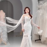 TVC745 Váy Cưới Đi Bàn, Đầm Cưới Đuôi Cá, Cúp Ngực, Hoạ Tiết