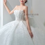 TVC750 Váy Cưới Làm Lễ, Đầm Cưới Cao Cấp, Bệt Vai Ngang, Hoa 3D,  tay rời, nơ rời