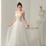 TVC751 Váy Cưới Đi Bàn, Đầm Cưới Dáng Xuông, Bệt Vai Ngang Tháo Rời, Hoa 3D