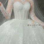 TVC756 Váy Cưới Làm Lễ, Váy Cưới Tiệc Cúp Ngực, Dài Tay, Kim Sa