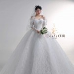 TVC767 Váy Cưới Làm Lễ, Đầm Cưới Đi Tiệc, Cúp Ngực, Dài Tay, Xếp Ly, Cổ Rời