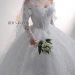 TVC767 Váy Cưới Làm Lễ, Đầm Cưới Đi Tiệc, Cúp Ngực, Dài Tay, Xếp Ly, Cổ Rời