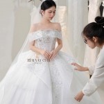 TVC827 Váy Cưới Làm Lễ, Đầm Cưới Đi Tiệc, Voan, Bệt Vai Ngang, Tùng Bồng