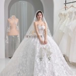 TVC831 Váy Cưới Làm Lễ, Váy cúp ngực, Vải Lưới Mịn, Hoa 3D Bản To, Tùng Xòe Bồng Bềnh