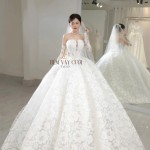 TVC835 Váy Cưới Làm Lễ, Đầm Cưới Đi Tiệc, Dài Tay, Vải Ren, Hoa 3D Bản To
