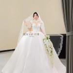 TVC844 Váy Cưới Làm Lễ, Đầm Cưới Dáng Xoè Bồng Bềnh, Dài Tay, Cúp Ngực, Đính Đá