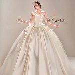 TVC859 Váy Cưới Làm Lễ,Váy Cưới Cô Dâu, Đầm Cưới Tiệc, Vải Phi, Hoa 3D, Tùng Bồng