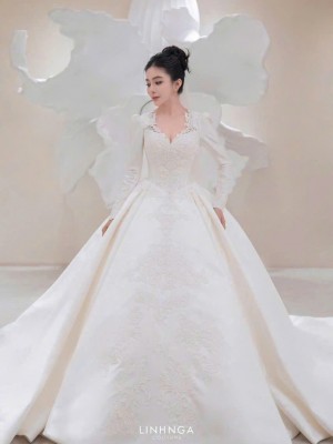 TVC704 Váy Cưới Làm Lễ, Đầm Tiệc Cao Cấp, Voan, Dài Tay, Xếp Ly