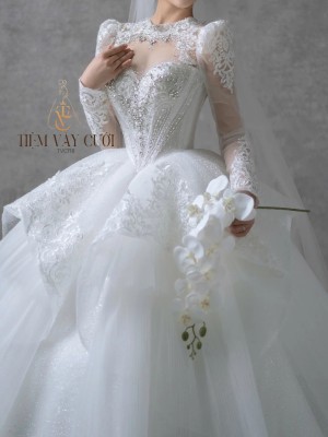 TVC718 Váy Cưới Làm Lễ, Đầm Cưới Đi Tiệc Tay Dài, Kim Sa