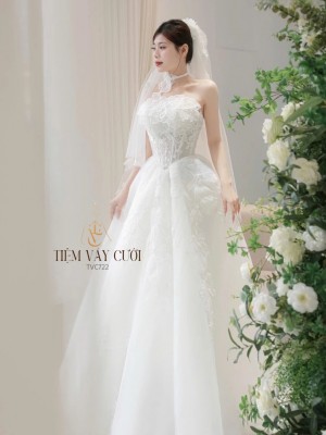 TVC722 Váy Cưới Đi Bàn, Đầm Cưới Dáng Xuông, Cúp Ngực, Hoa 3D