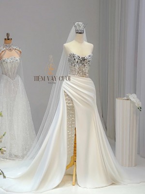 TVC736 Váy Cưới Đi Bàn, Đầm Cưới Đuôi Cá, Cúp Ngực, Hoạ Tiết, Xẻ Tà