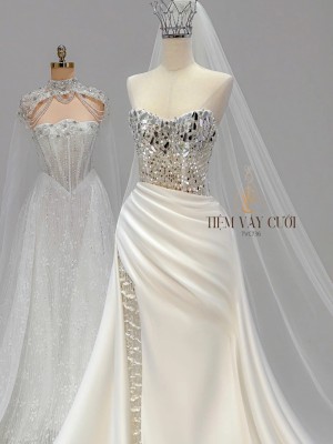 TVC736 Váy Cưới Đi Bàn, Đầm Cưới Đuôi Cá, Cúp Ngực, Hoạ Tiết, Xẻ Tà