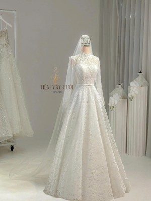 TVC738 Váy Cưới Đi Bàn, Đầm Cưới Dáng Xuông, Dài Tay, Hoa 3D