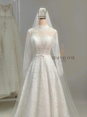 TVC738 Váy Cưới Đi Bàn, Đầm Cưới Dáng Xuông, Dài Tay, Hoa 3D