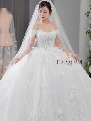TVC743 Váy Cưới Làm Lễ, Đầm Cưới Cao Cấp, Hoa 3D, Cúp Ngực
