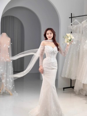 TVC746 Váy Cưới Đi Bàn, Đầm Cưới Đuôi Cá, Cúp Ngực, Hoạ Tiết, Xẻ Tà