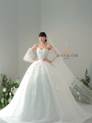 TVC753 Váy Cưới Làm Lễ, Đầm Cưới Đi Tiệc, Cúp Ngực, Dáng Xoè, Ren, Đính Hoa
