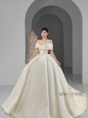 TVC754 Váy Cưới Làm Lễ, Đầm Cưới Cô Dâu, Bệt Vai Ngang, Xếp Ly