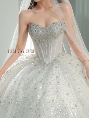 TVC757 Váy Cưới Làm Lễ, Đầm Cưới Cao Cấp, Cúp Ngực, Xếp Ly