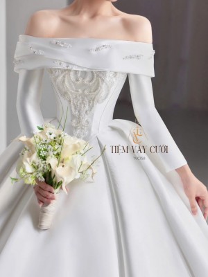 TVC758 Váy Cưới Làm Lễ, Đầm Cưới Đi Tiệc, Dài Tay, Bệt Vai Ngang, Dáng Xoè