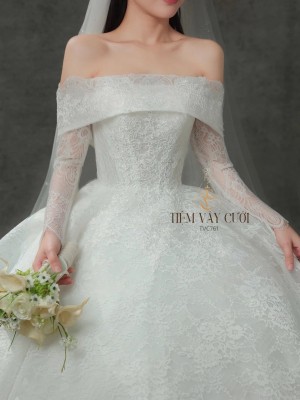 TVC761 Váy Cưới Làm Lễ, Đầm Cưới Đi Tiệc, Tay Dài, Bệt Vai Ngang, Tùng Bồng