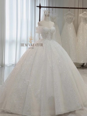 TVC765 Váy Cưới Làm Lễ, Đầm Cưới Cúp Ngực, Choàng Rời, Lấp Lánh