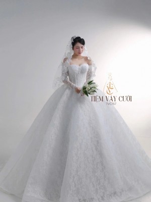 TVC767 Váy Cưới Làm Lễ, Đầm Cưới Đi Tiệc, Cúp Ngực, Dài Tay, Xếp Ly, Cổ Rời