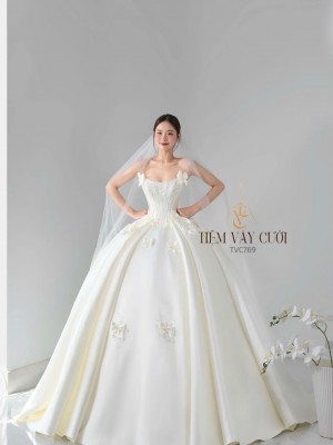 TVC769 Váy Cưới Làm Lễ, Đầm Cưới Đi Tiệc, Nơ 3D, Cúp Ngực