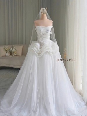 TVC775 Váy Cưới Đi Tiệc, Đầm Cưới Dáng Xuông, Cúp ngực, Đính ngọc