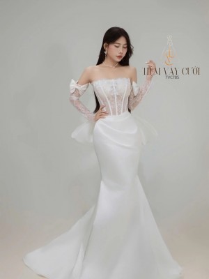 TVC785 Váy Cưới Đi Bàn, Đầm Cưới Đuôi Cá, Nơ Rời, Găng Tay