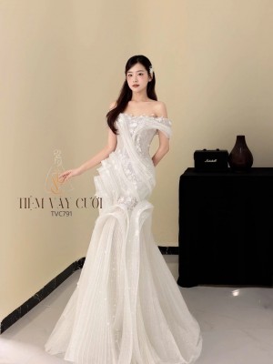 TVC791 Váy Cưới Đi Bàn, Đầm Cưới Đuôi Cá, Cúp Ngực, Lấp Lánh, Cao Cấp