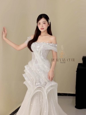TVC791 Váy Cưới Đi Bàn, Đầm Cưới Đuôi Cá, Cúp Ngực, Lấp Lánh, Cao Cấp