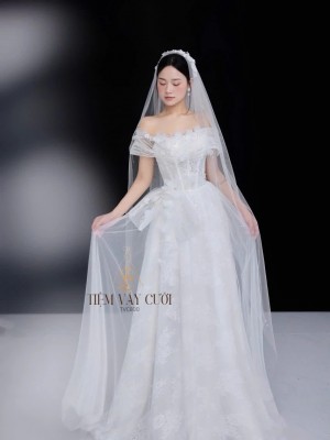 TVC800 Váy Cưới Đi Bàn, Đầm Cưới Đi Bàn, Bệt Vai Ngang, Xếp Ly, Dáng Xòe