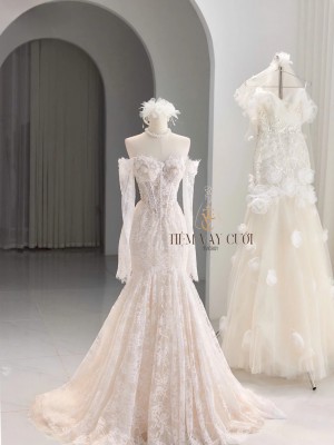 TVC801 Váy Cưới Đi Bàn, Đầm Cưới Đuôi Cá, Cúp Ngực, Dáng Ôm