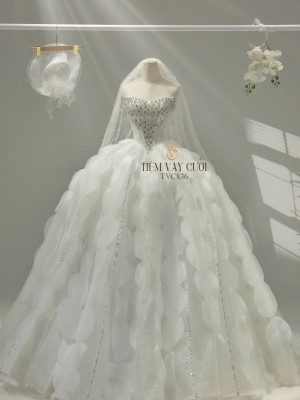 TVC836 Váy Cưới Làm Lễ, Đầm Cưới Đi Tiệc, Nơ 3D, Cúp Ngực