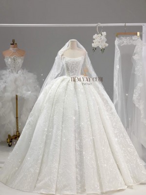 TVC842 Váy Cưới Làm Lễ, Đầm Cưới Dáng Xoè Bồng Bềnh, Dài Tay, Cúp Ngực, Đính Đá