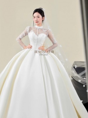 TVC843 Váy Cưới Làm Lễ, Đầm Cưới Dáng Xoè Bồng Bềnh, Dài Tay, Cúp Ngực, Đính Đá