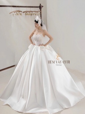 TVC861 Váy Cưới Làm Lễ, Váy Cưới Cô Dâu, Cúp Ngực, Phi, Hoa 3D, Cúp Ngực, Váy Thiết Kế