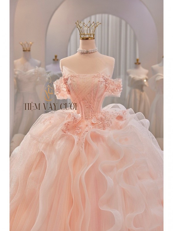 TVC367 Đầm Cưới Cô Dâu, Váy Cưới Tiệc Làm Lễ, Cúp Ngực, Vải Voan, Tay Ngang