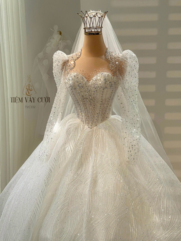 TVC332 Đầm Cưới Cô Dâu, Váy Cưới Tiệc Làm Lễ, Vải Lưới Mị, Cúp Ngực, Dài Tay