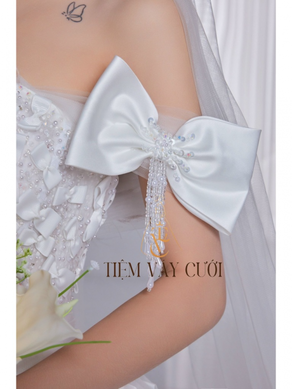 TVC226 Đầm Cưới Cô Dâu, Váy Cưới Tiệc Làm Lễ, Cúp Ngực, Vải Lưới Mịn,Đính Hoa, Nơ Tay