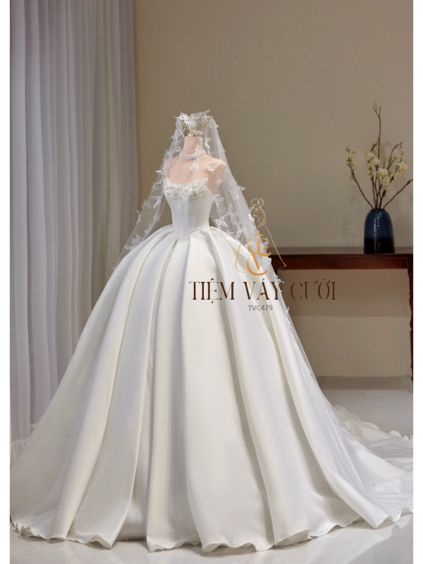 TVC479 Đầm Cưới Cô Dâu, Váy Cưới Tiệc Làm Lễ, Vải Phi Nhật, Cúp Ngực, Tùng Bồng