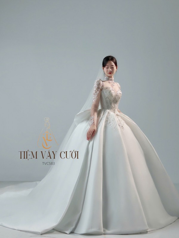 TVC583 Đầm Cưới Cô Dâu, Váy Cưới Tiệc Làm Lễ, Cúp Ngực, Vải Phi Nhật, Đính Đá