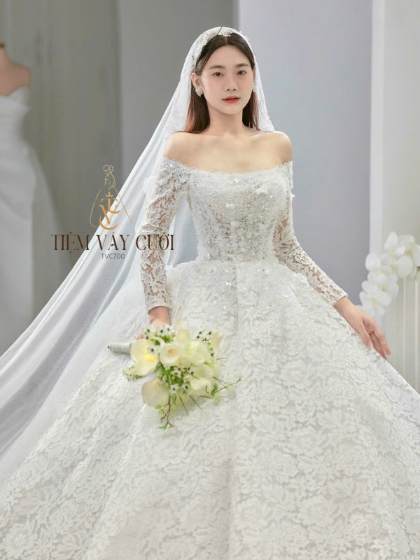 TVC700 Váy Cưới Làm Lễ, Đầm Cưới Làm Lễ, Cúp Ngực, Dài Tay