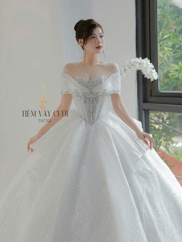 TVC702 Váy Cưới Làm Lễ, Đầm Cưới Đi Tiệc, Cúp Ngực, Bệt Vai Ngang