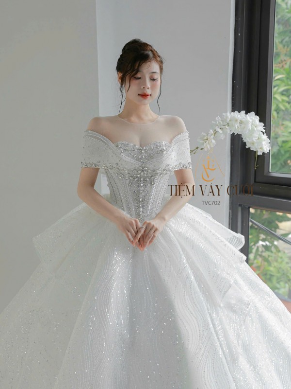 TVC702 Váy Cưới Làm Lễ, Đầm Cưới Đi Tiệc, Cúp Ngực, Bệt Vai Ngang